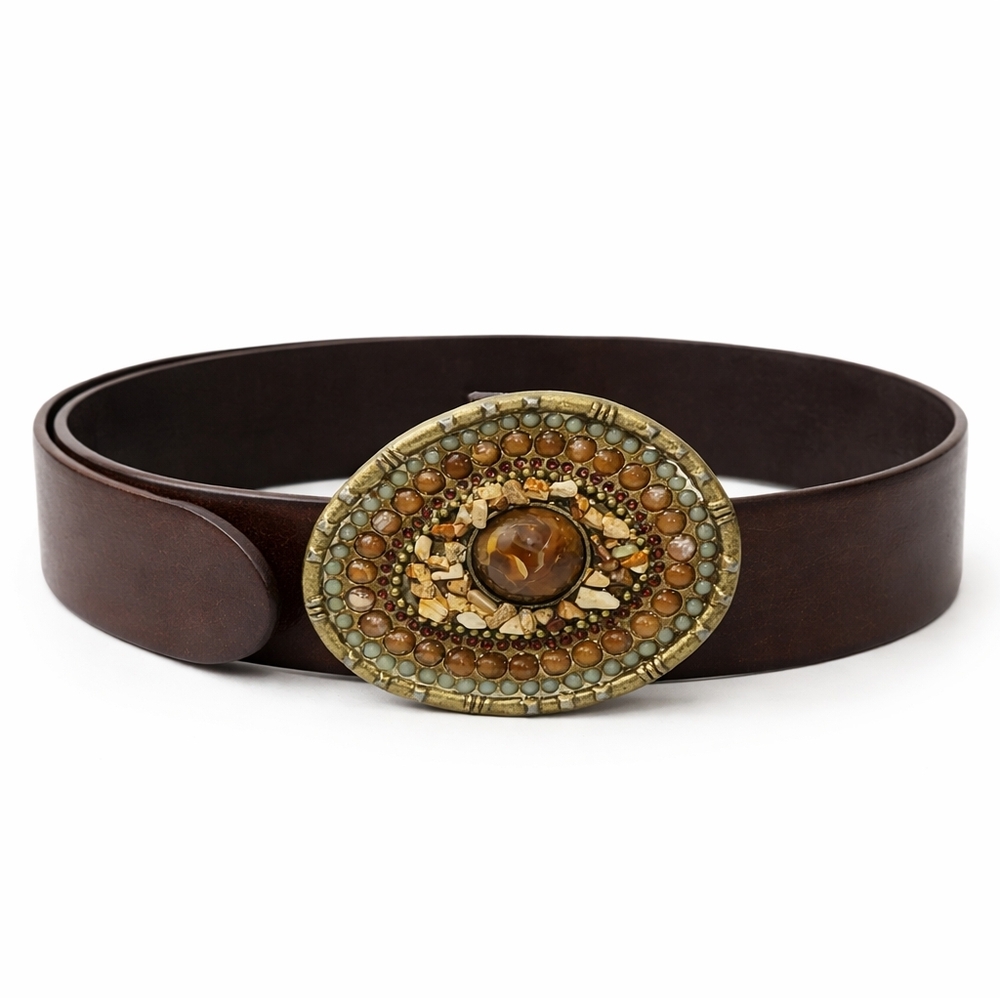 Y2K Boho Chic Leather Medium Brown Belt With Stone And Bead Metal Buckle SZ:L